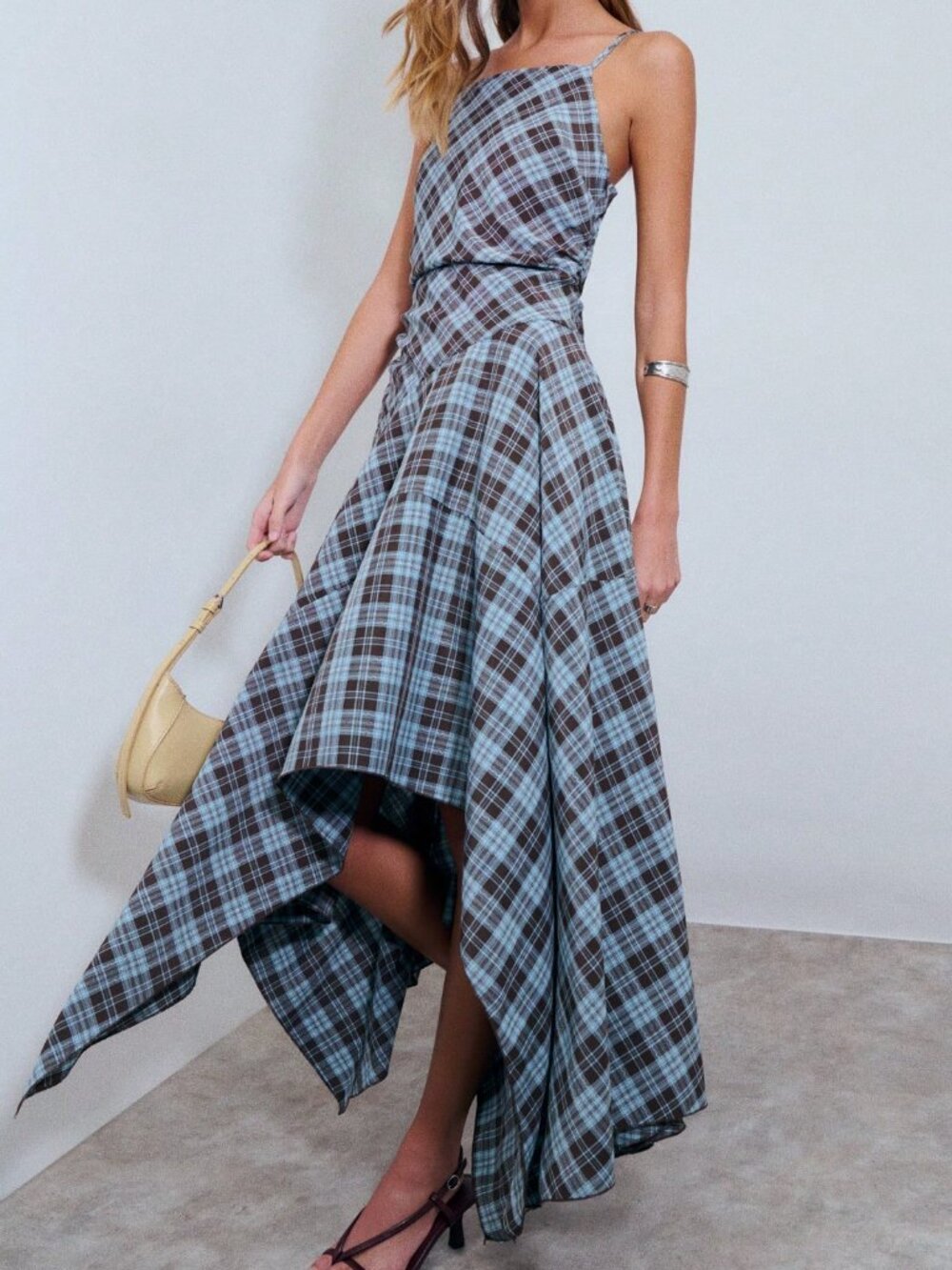 Brown Casual Women's Plaid Asymmetrical Lace Up Midi Dress